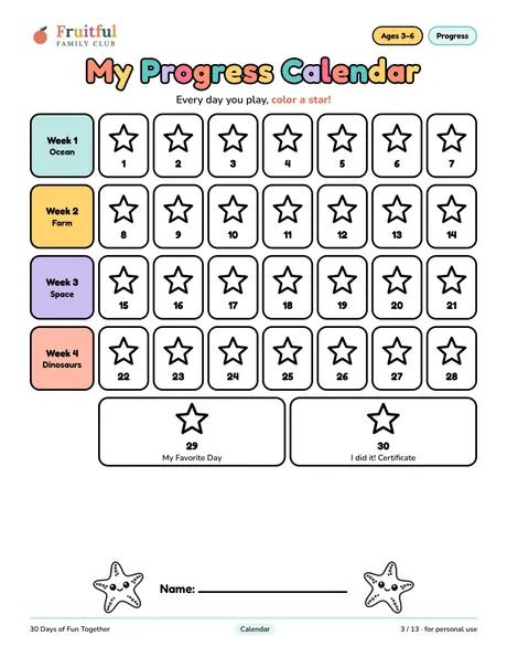 Progress calendar page with 30 stars to color, one per day