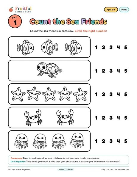 Day 1 page: Count the Sea Friends, rows of sea animals to count from 1 to 5