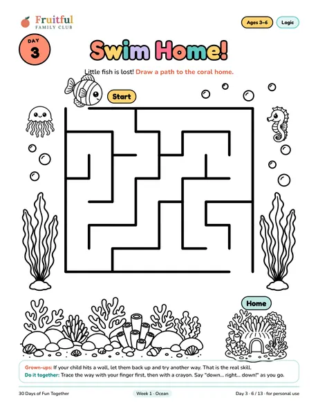 Day 3 page: Swim Home, a maze from a little fish to the coral