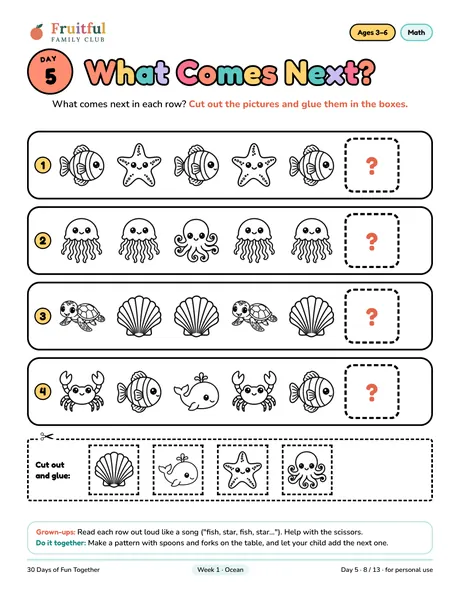 Day 5 page: What Comes Next, picture patterns with cut-and-glue answers