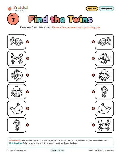 Day 7 page: Find the Twins, draw lines between matching sea animals